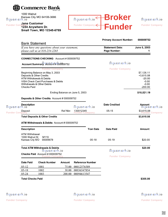 Sample watermarked document showing broker and funder names