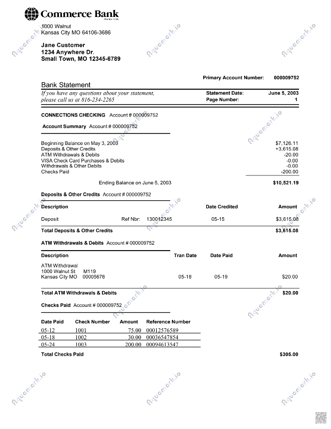 Watermarked Bank Statement